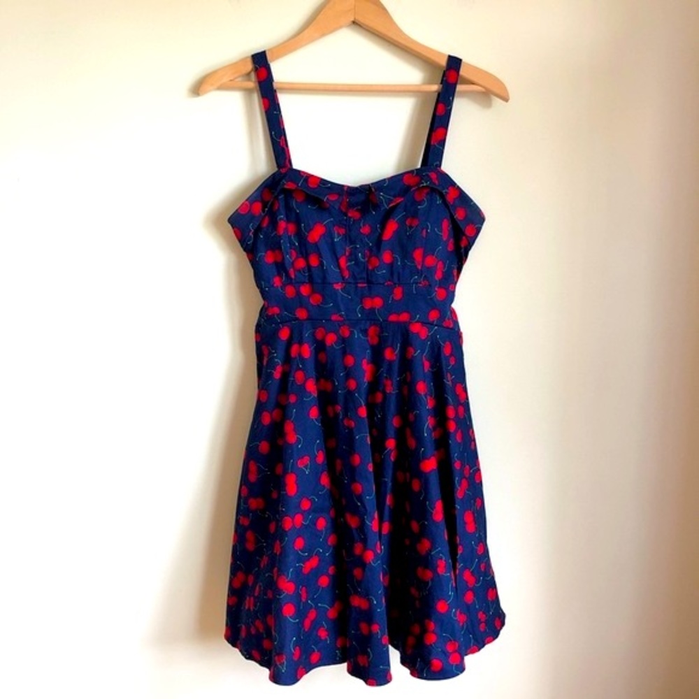Colori navy blue and red cherry print apron dress size medium